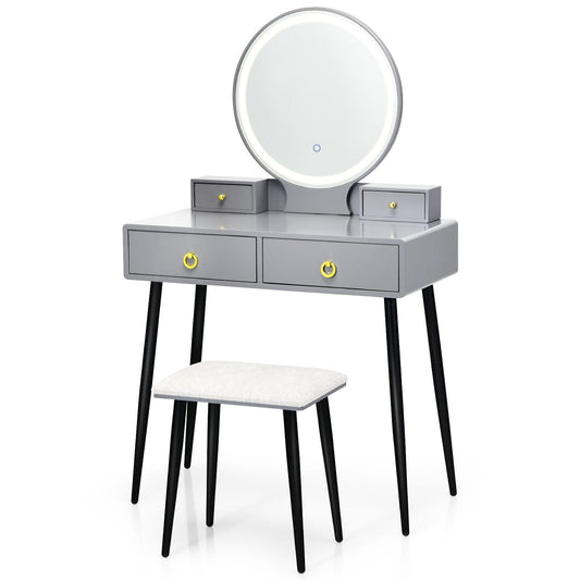Giantex Vanity Table Set w/3 Color Dimming Lighted Mirror, Makeup Dressing Table for Women Girls, Gray