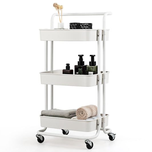 Giantex 3-Tier Utility Cart, Storage Rolling Multifunctional Organizer Cart, Storage Trolley w/Brakes for Home Office, White
