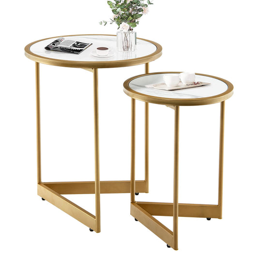 Giantex Round Nesting Table Set of 2, Modern Marble Texture Coffee Tables, Space-Saving End Table, Stacking Side Table