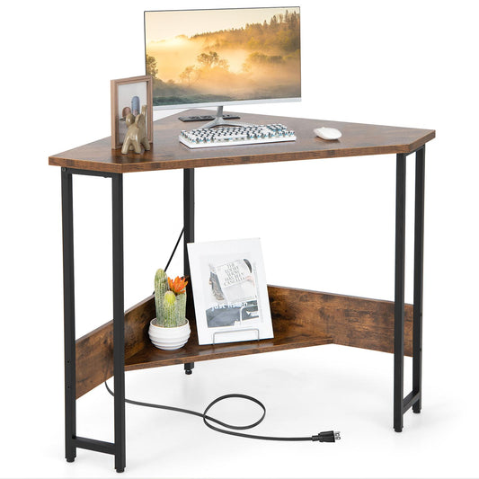 Giantex Corner Desk w/Power Outlet, 90-degree Triangle Computer Desk for Small Space, Space-saving Writing Desk, Laptop PC Desk for Home Office