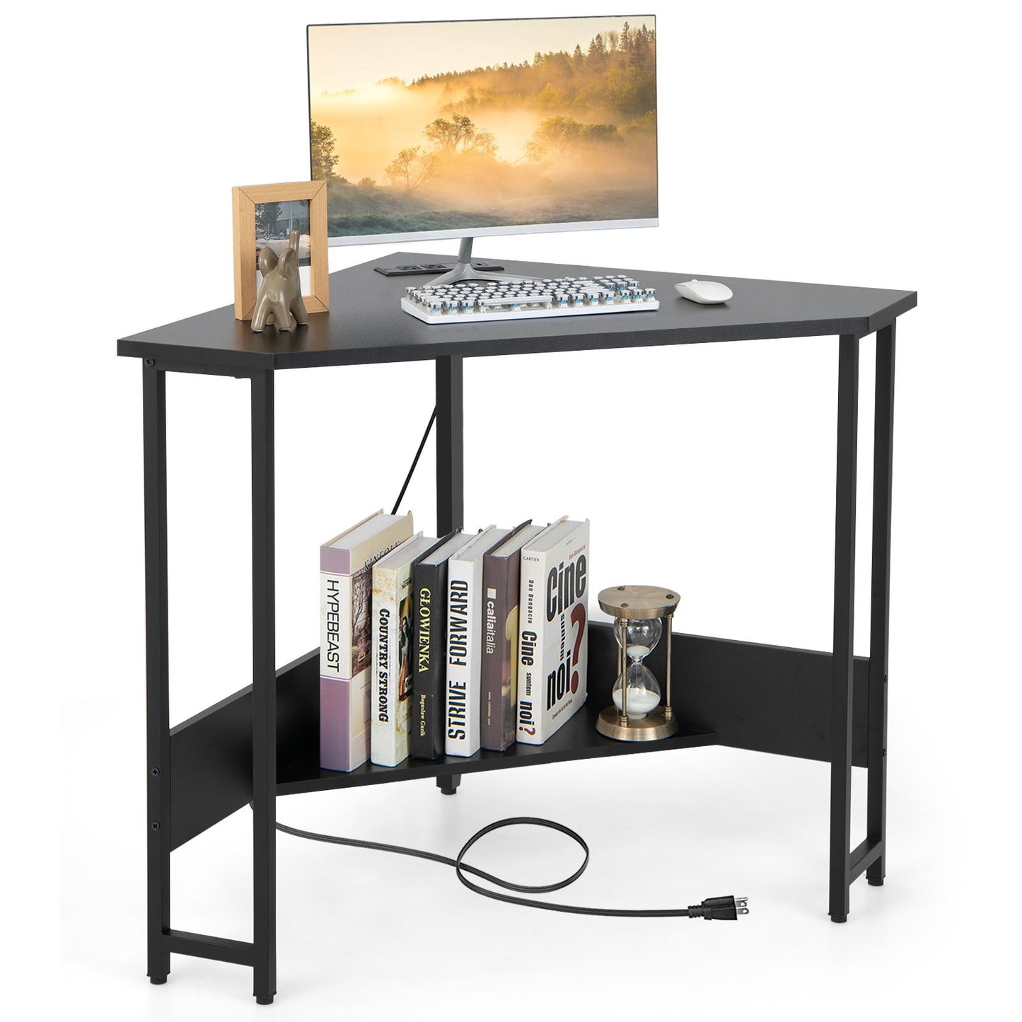 Giantex Corner Desk w/Power Outlet, 90-degree Triangle Computer Desk for Small Space, Space-saving Writing Desk, Laptop PC Desk for Home Office