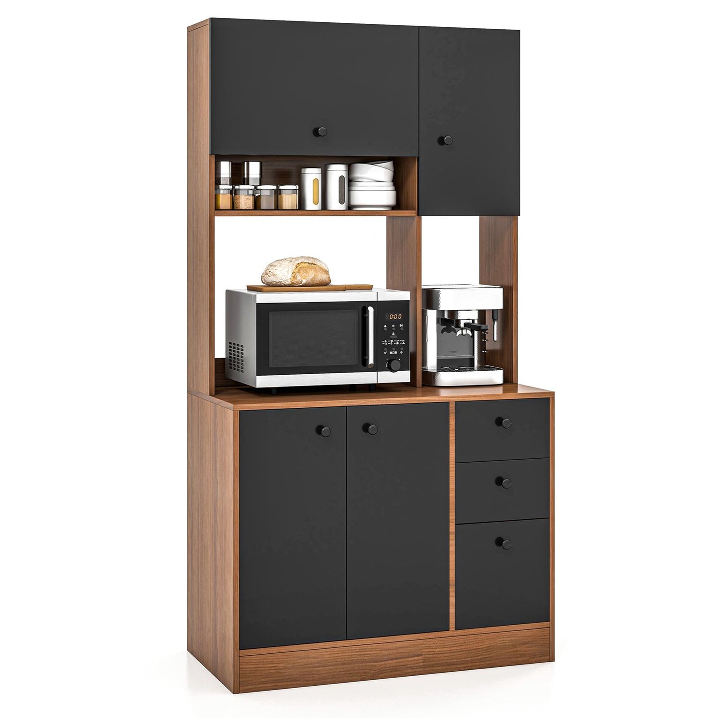 Giantex Microwave Stand Cabinet, Freestanding Kitchen Storage Pantry, Black+Walnut