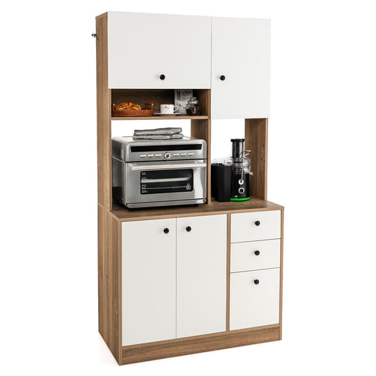 Giantex Microwave Stand Cabinet, Freestanding Kitchen Storage Pantry, Natural+White