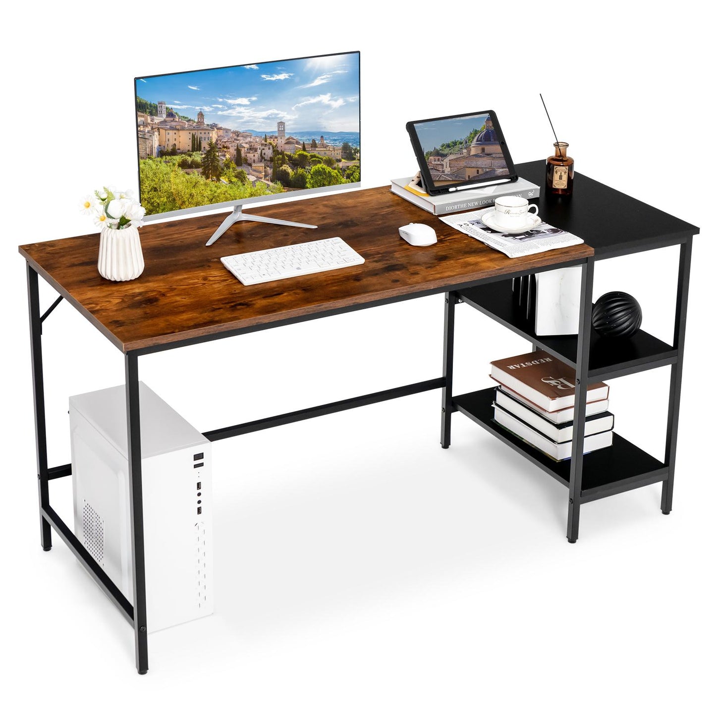 Giantex Large Computer Desk, PC Laptop Desk w/Storage Shelves, Industrial Home Office Desk for Writing, Studying, Gaming, Brown