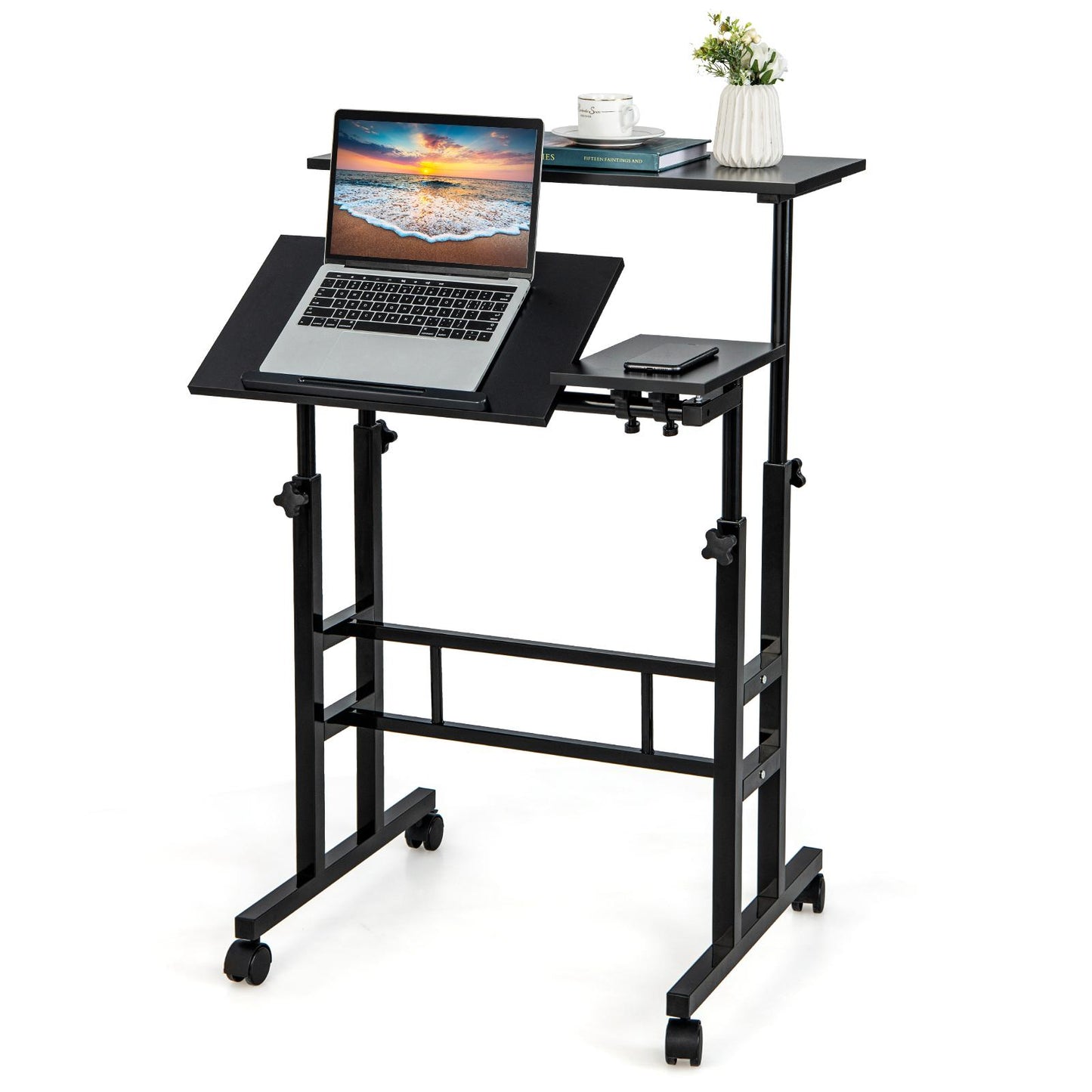 Giantex Mobile Stand up Computer Desk, Rolling Standing Laptop Cart w/2 Tilting Desktops & Sitting or Standing Modes