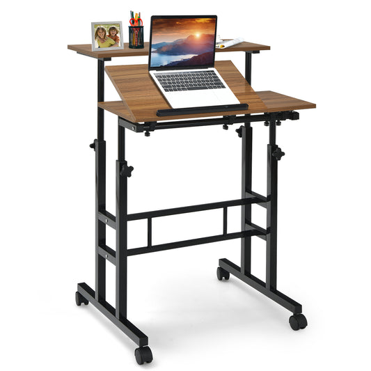 Giantex Mobile Stand up Computer Desk, Rolling Standing Laptop Cart w/2 Tilting Desktops & Sitting or Standing Modes, Black