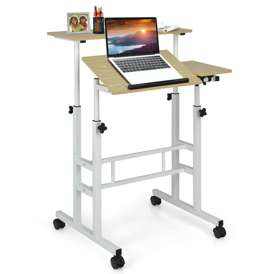 Giantex Mobile Stand up Computer Desk, Rolling Standing Laptop Cart w/2 Tilting Desktops & Sitting or Standing Modes