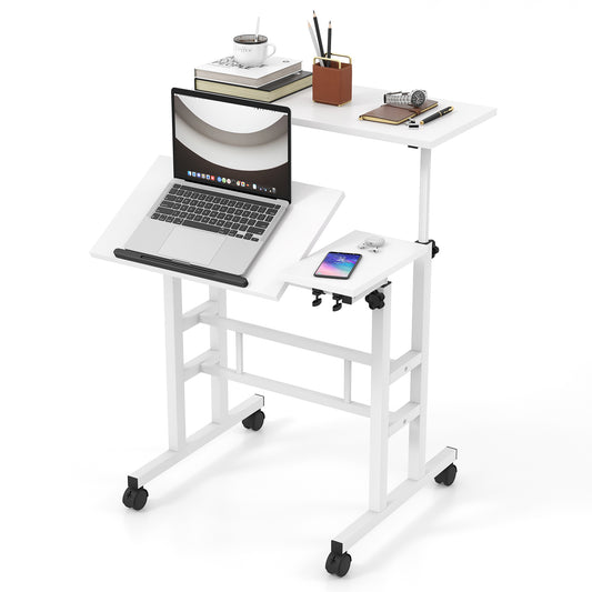 Giantex Mobile Stand up Computer Desk, Rolling Standing Laptop Cart w/2 Tilting Desktops & Sitting or Standing Modes, White
