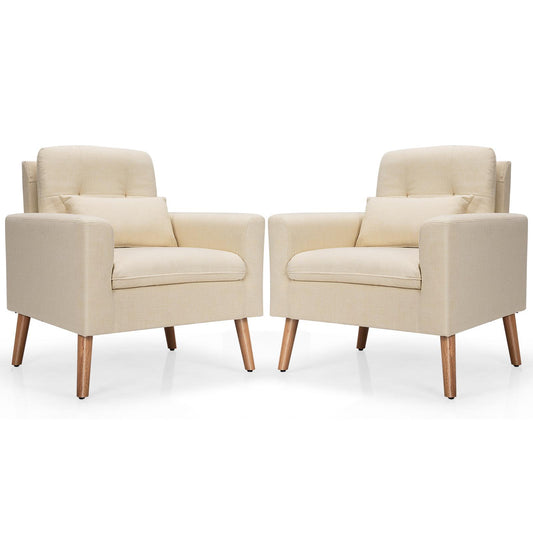 Giantex Set of 2 Upholstered Accent Chair, Linen Fabric Single Sofa, Modern Leisure Chair w/Solid Wood Legs & Thick Sponge, Beige