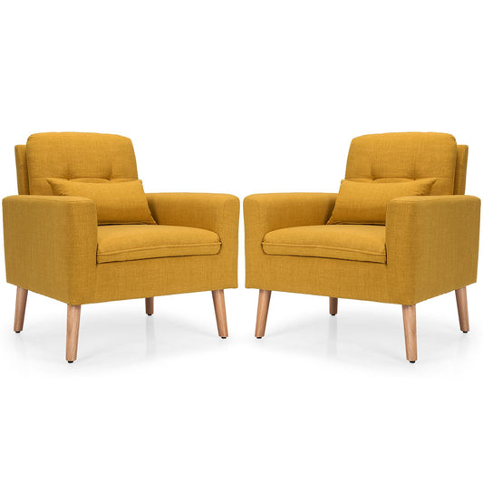 Giantex Set of 2 Upholstered Accent Chair, Linen Fabric Single Sofa, Modern Leisure Chair w/Solid Wood Legs & Thick Sponge, Yellow