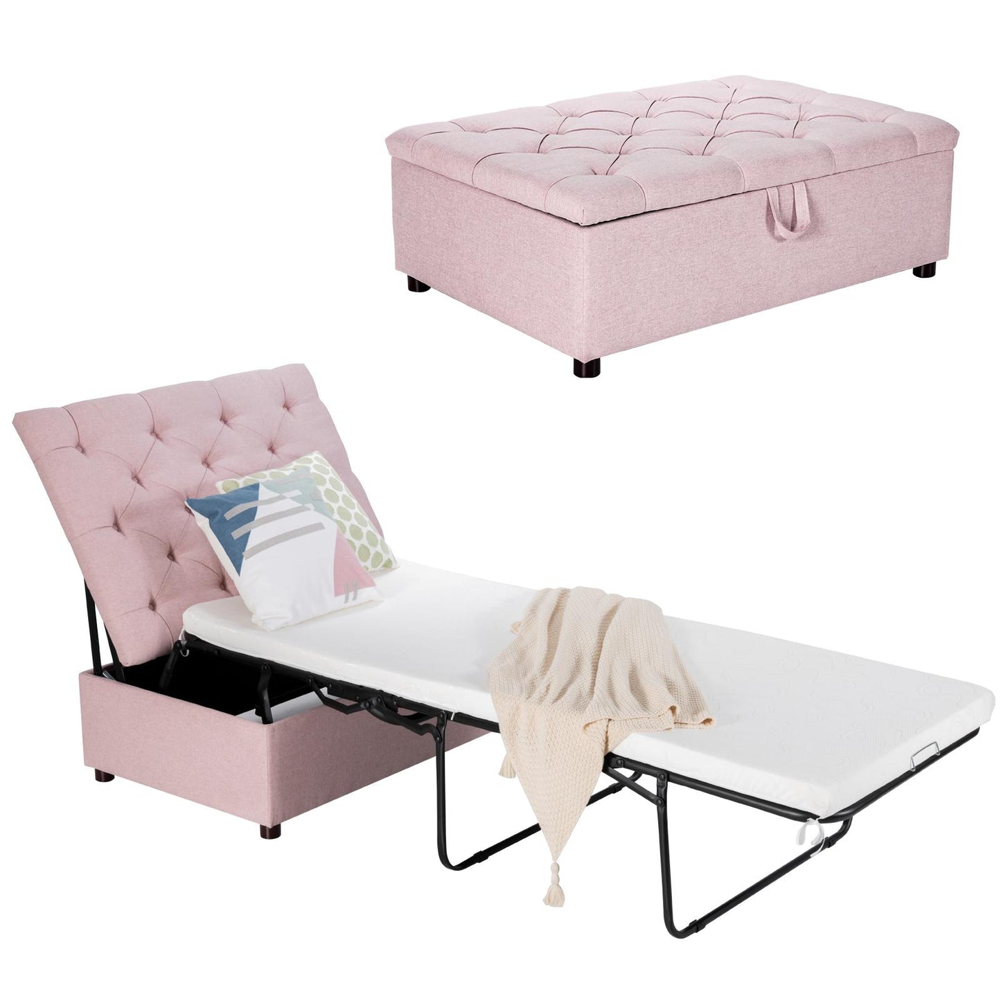 Giantex Folding Ottoman Sleeper Chair, Convertible Guest Sofa Lounge, Pink