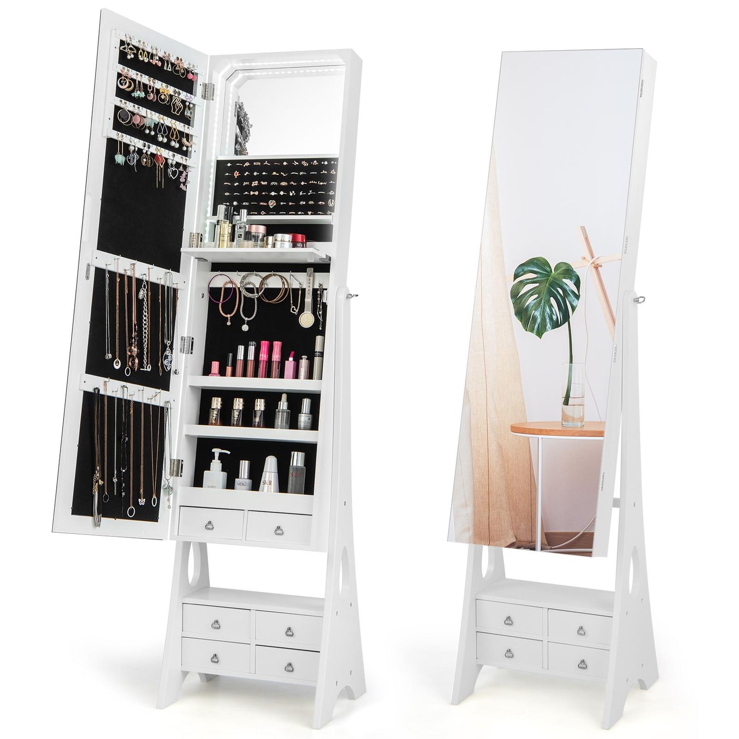 Giantex Jewelry Cabinet Freestanding, LED Lighted Jewelry Armoire w/Full-length Frameless Mirror & Foldable shelf