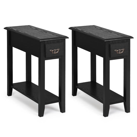 Giantex Narrow End Table, Slim Side Table w/Drawer, ightstand Bedside Table for Small Spaces, (2, Black)