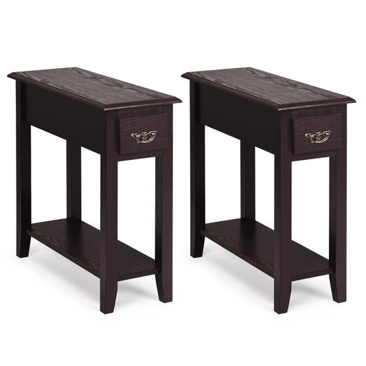 Giantex Narrow End Table, Slim Side Table w/Drawer, ightstand Bedside Table for Small Spaces, (2, Espresso)