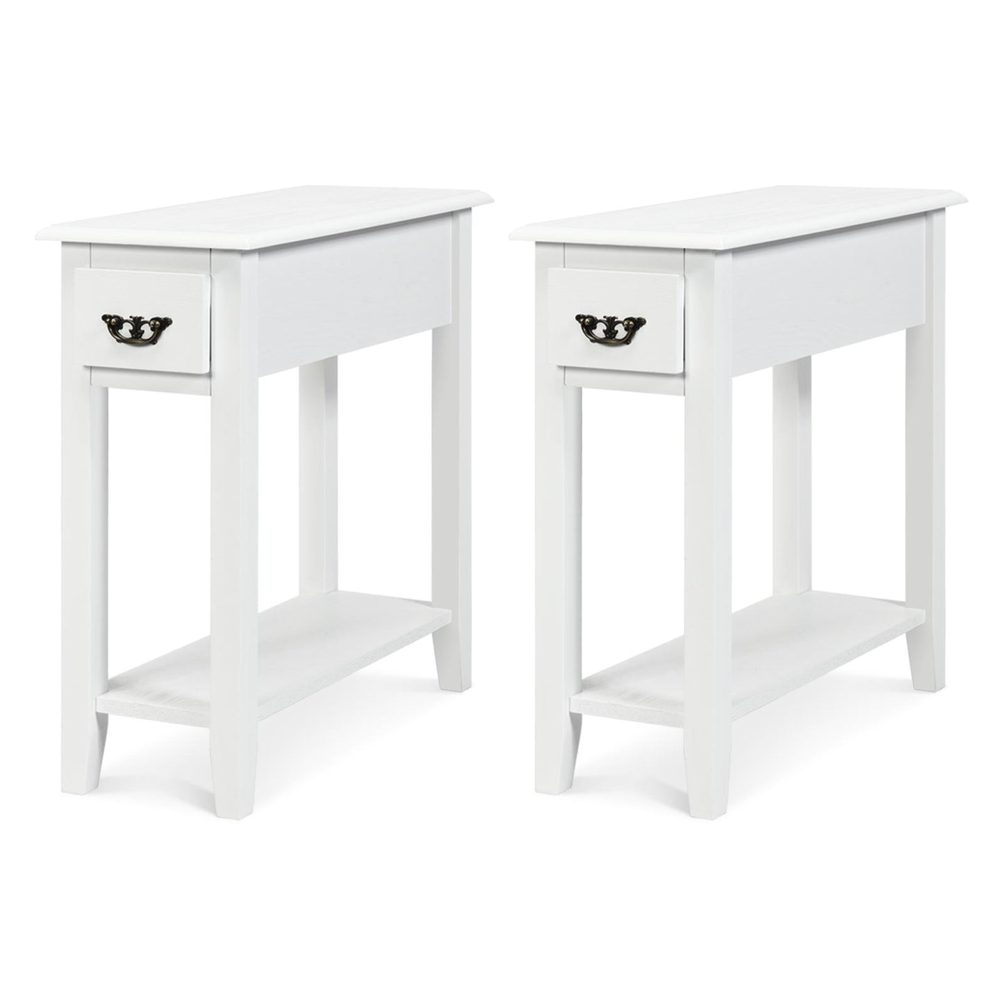Giantex Narrow End Table, Slim Side Table w/Drawer, ightstand Bedside Table for Small Spaces, (2, White)