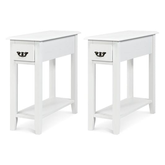 Giantex Narrow End Table, Slim Side Table w/Drawer, ightstand Bedside Table for Small Spaces, (2, White)