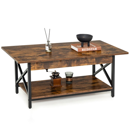 Giantex Industrial Coffee Table, 2-Tier Wood Cocktail Tea Table, Rectangle Sofa Side Accent Table, Brown