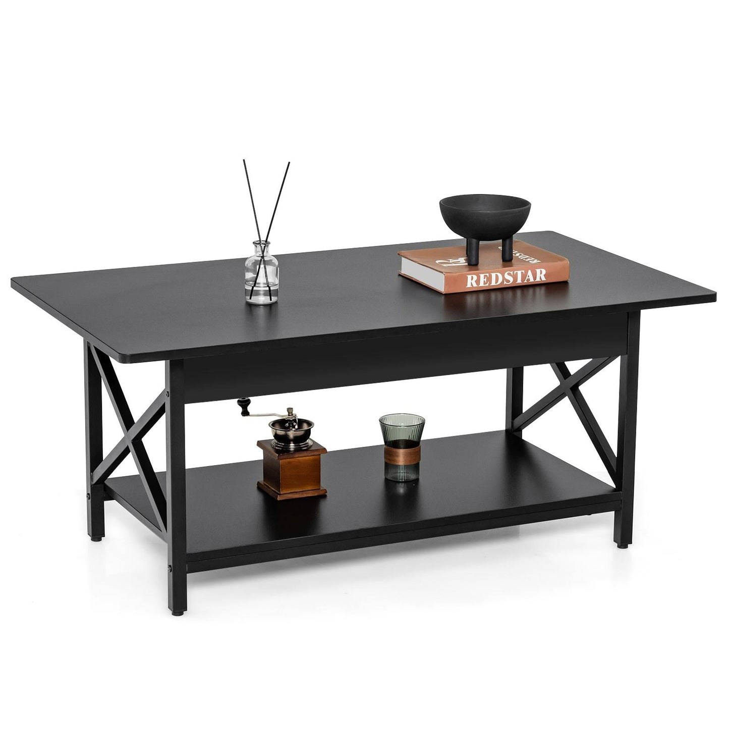 Giantex Industrial Coffee Table, 2-Tier Wood Cocktail Tea Table, Rectangle Sofa Side Accent Table, Black