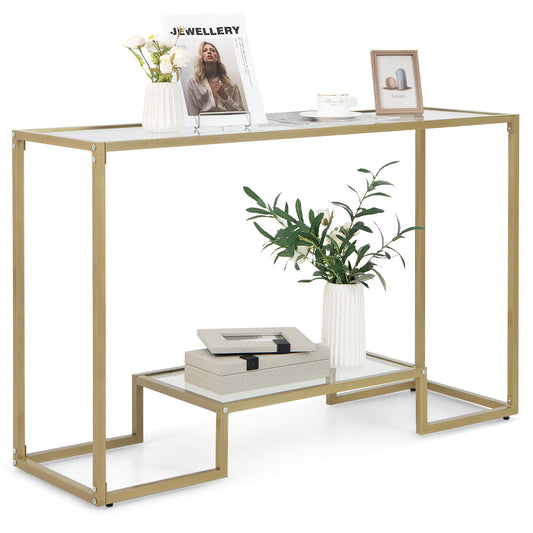 Giantex 2-Tier Console Narrow Sofa Table, Deluxe Entryway Table w/Tempered Glass Tabletop & Golden Metal Frame