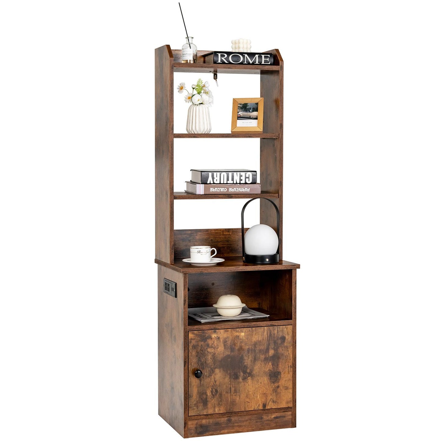 Giantex Nightstand w/Charging Station, Tall Bedside Table, End Table Bookcase w/Adjustable Shelves