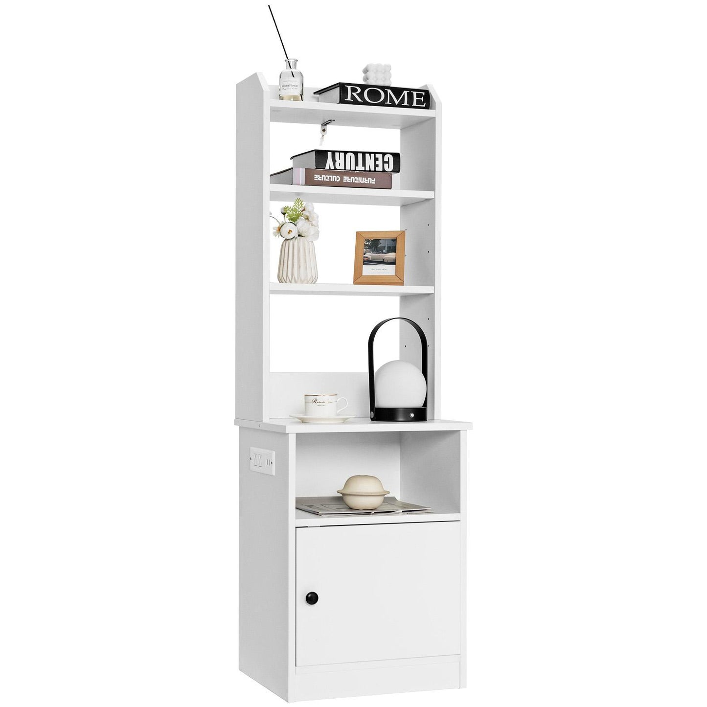 Giantex Nightstand w/Charging Station, Tall Bedside Table, End Table Bookcase w/Adjustable Shelves