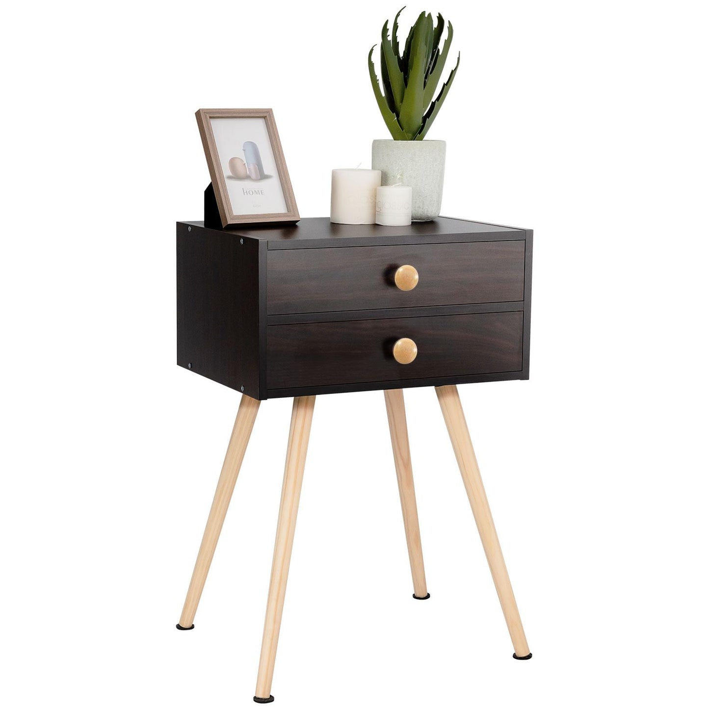 Giantex Nightstand W/2 Drawers, End Side Table w/Natural Legs for Small Spaces(1, Espresso)