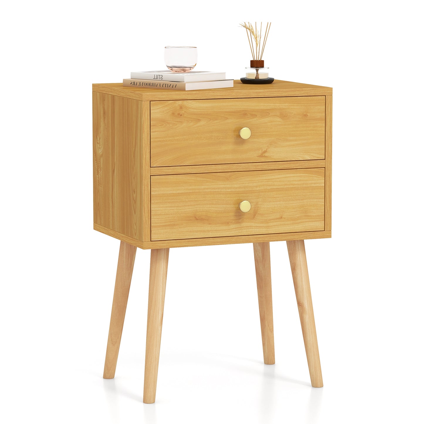 Giantex Nightstand W/2 Drawers, End Side Table w/Natural Legs for Small Spaces(1, Natural)