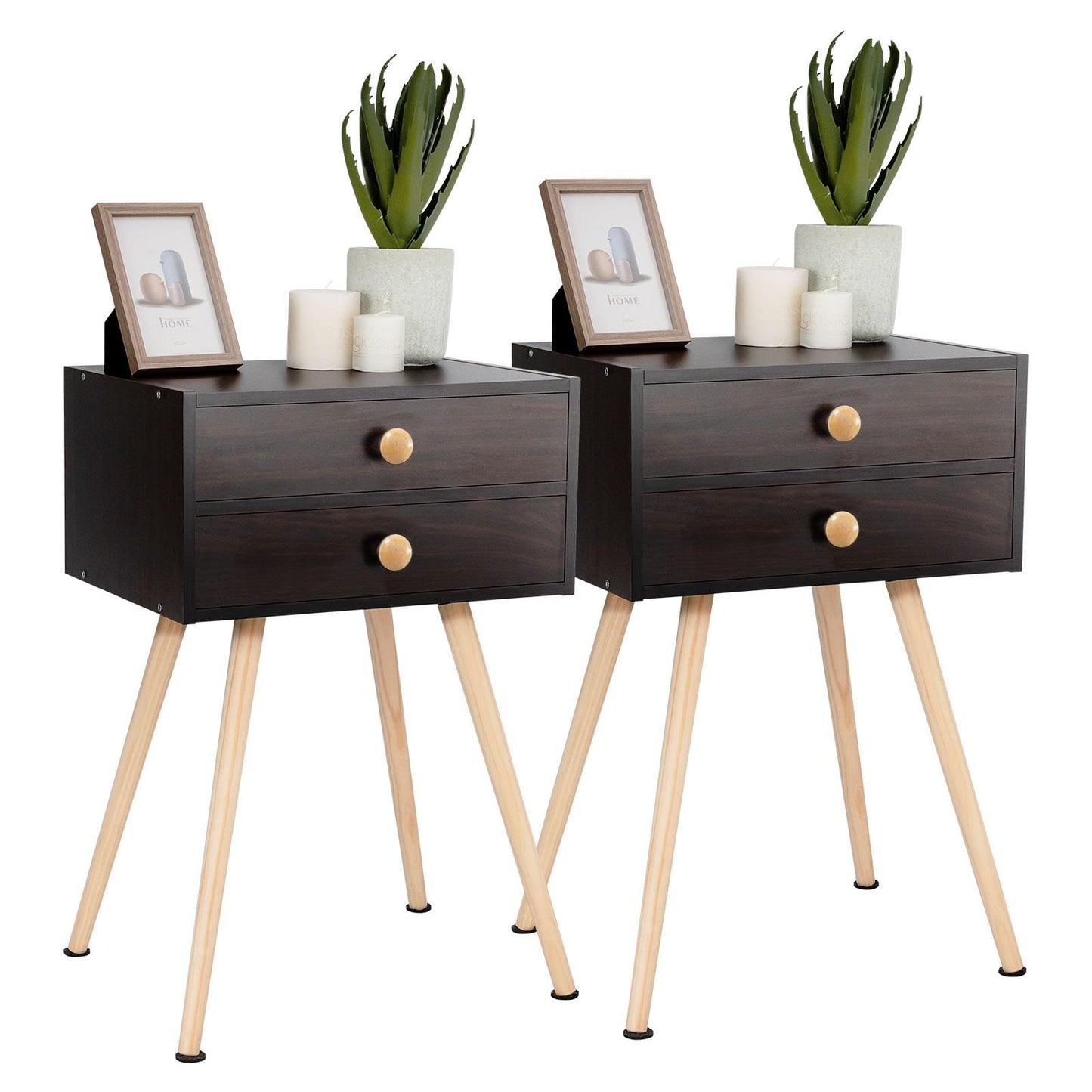 Giantex Nightstand W/2 Drawers, End Side Table w/Natural Legs for Small Spaces(2, Espresso)