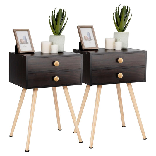 Giantex Nightstand W/2 Drawers, End Side Table w/Natural Legs for Small Spaces(2, Espresso)
