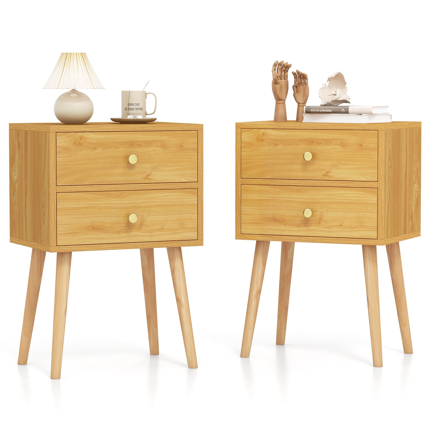 Giantex Nightstand W/2 Drawers, End Side Table w/Natural Legs for Small Spaces(2, Natural)