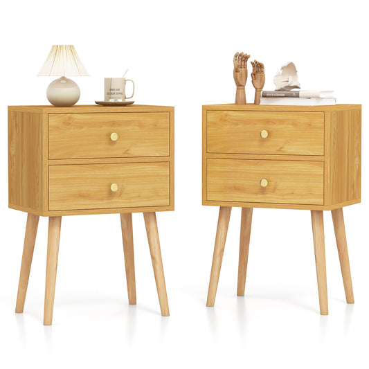 Giantex Nightstand W/2 Drawers, End Side Table w/Natural Legs for Small Spaces(2, Natural)