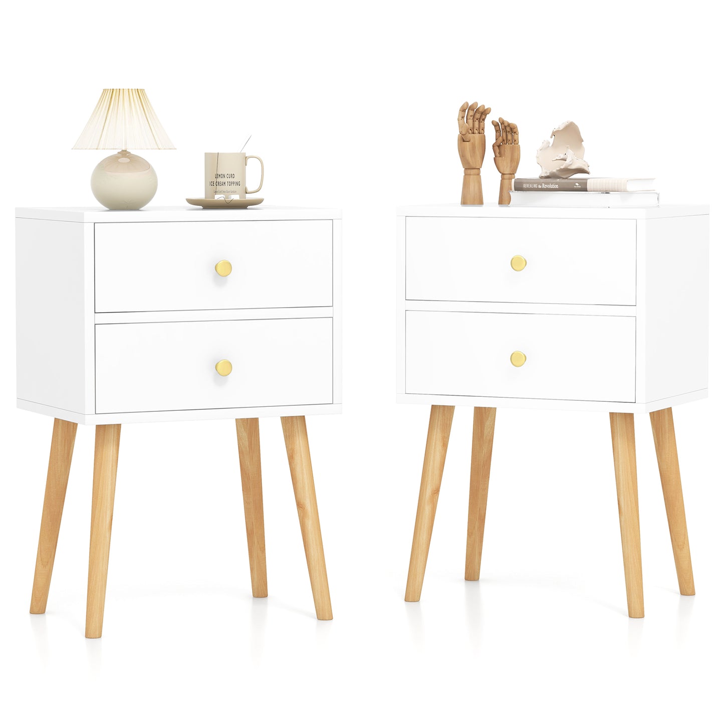 Giantex Nightstand W/2 Drawers, End Side Table w/Natural Legs for Small Spaces(2, White)