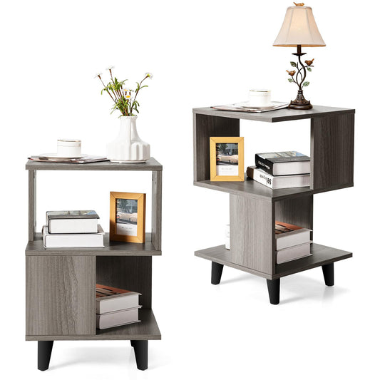 Giantex Set of 2 End Table, Accent Sofa Wood Nightstand, Small Bookcas w/Open Storage Shelves
