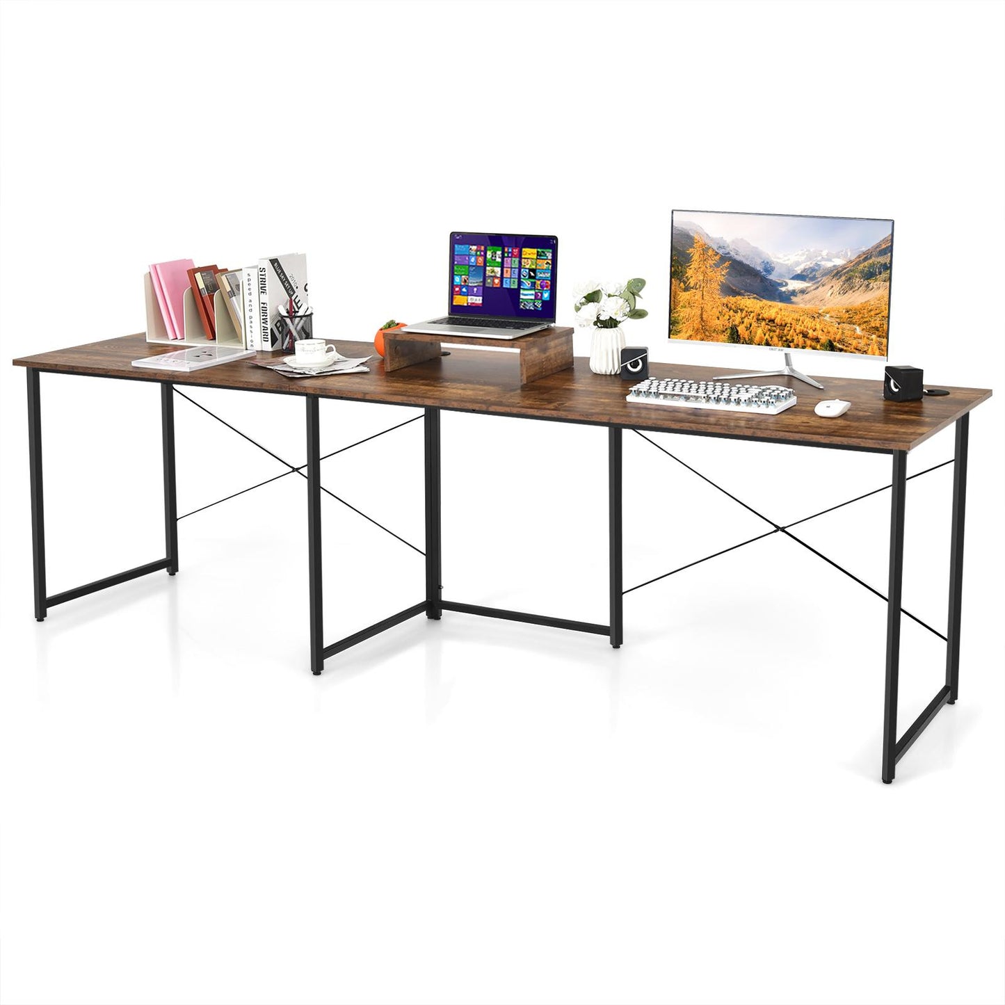 Giantex 95 Inch Reversible Corner Desk, L-Shaped Computer Desk w/Monitor Stand & 3 Cable Holes, 2-Person Long Study Writing Desk for ome Office, Rustic Brown