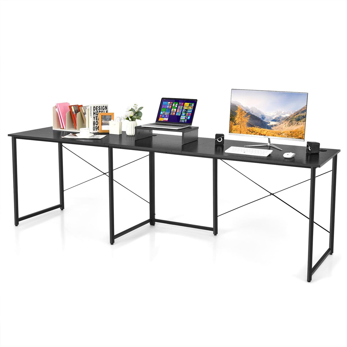 Giantex 95 Inch Reversible Corner Desk, L-Shaped Computer Desk w/Monitor Stand & 3 Cable Holes, 2-Person Long Study Writing Desk for ome Office, Black
