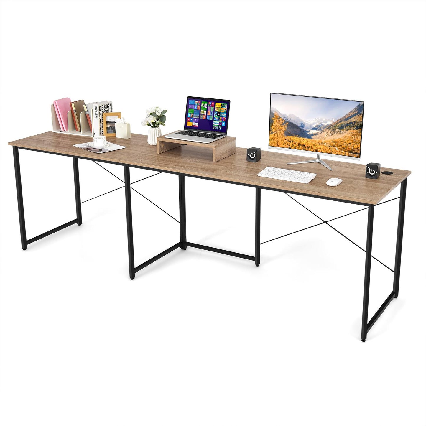 Giantex 95 Inch Reversible Corner Desk, L-Shaped Computer Desk w/Monitor Stand & 3 Cable Holes, 2-Person Long Study Writing Desk for ome Office, Natural