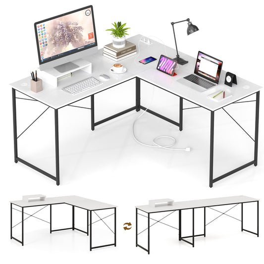 Giantex 95 Inch Reversible Corner Desk, L-Shaped Computer Desk w/Monitor Stand & 3 Cable Holes, 2-Person Long Study Writing Desk for ome Office, White