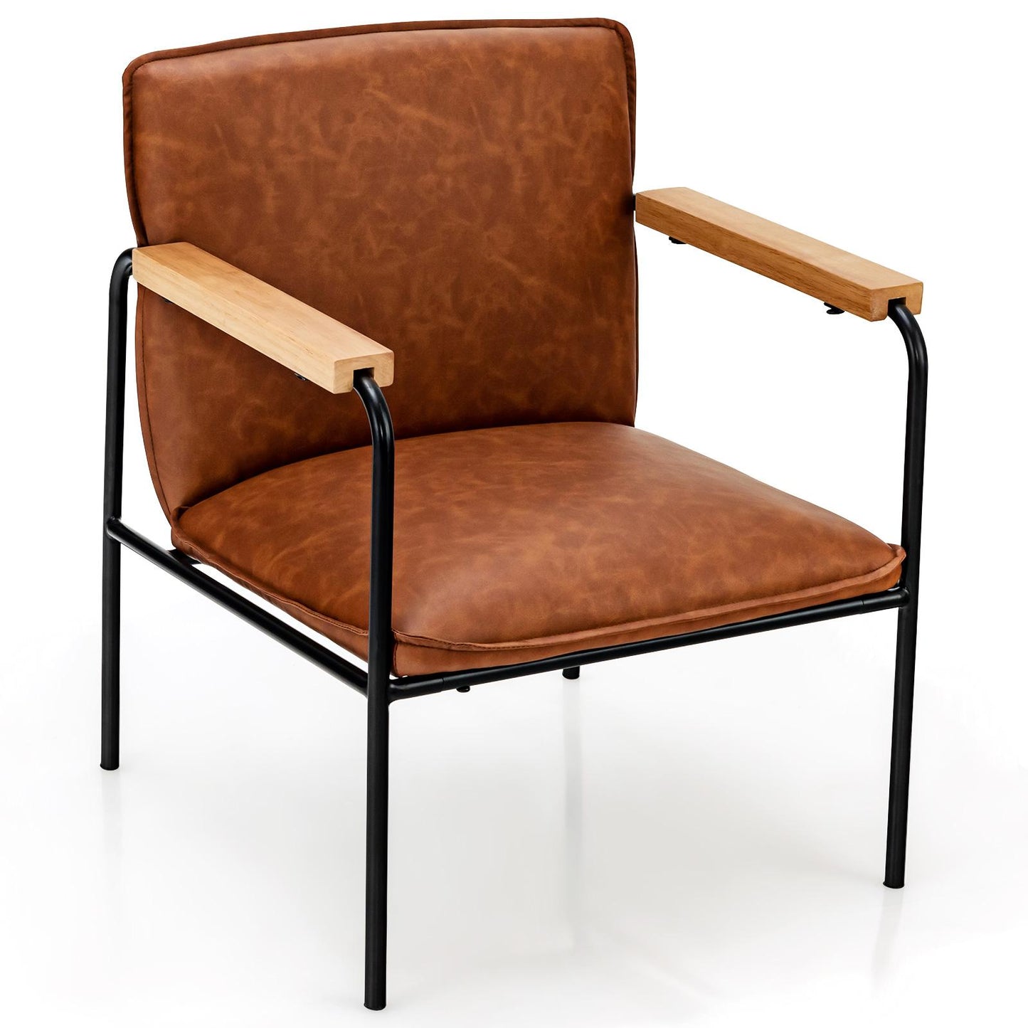 Giantex Accent Chair, Wood Armrest Chair w/PU Leather, Camel