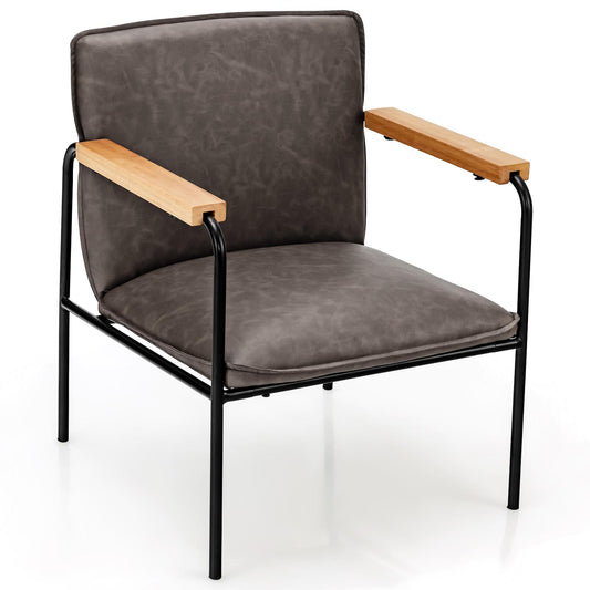 Giantex Accent Chair, Wood Armrest Chair w/PU Leather, Grey