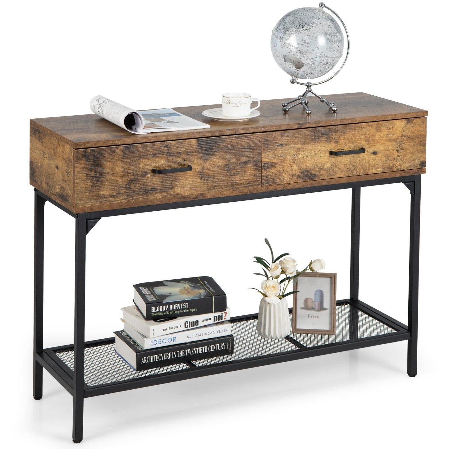Giantex Industrial Console Table, Long Sofa Side Table Behind Couch, Slim Entryway Table w/Storage Shelf for Small Space