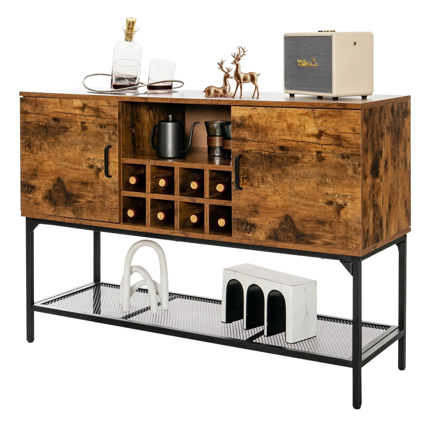 Giantex ndustrial Buffet Cabinet, Home Kitchen Wine Cabinet w/8-Bottle Rack & Metal Mesh Shelf, Coffee Bar Sideboard