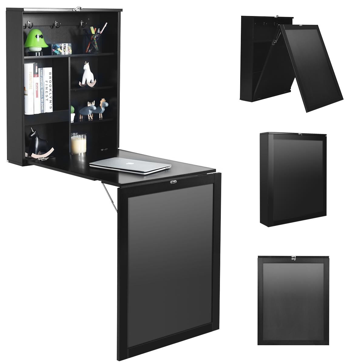 Giantex Folding Desk, Wall Mounted Fold Out Desk w/Storage Shelves & Hooks, Floating Corner Desk for Small Spaces, Black