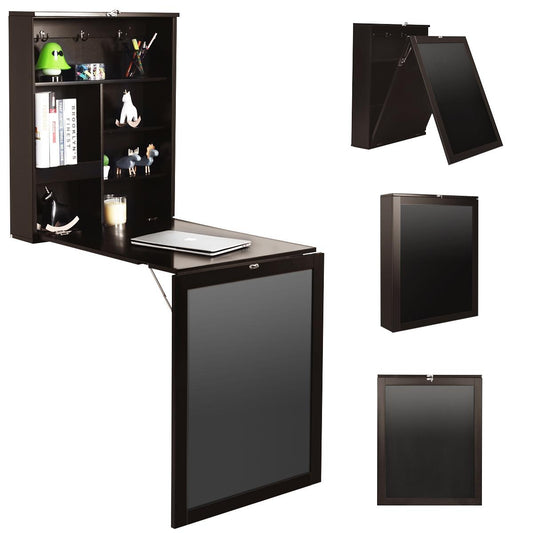 Giantex Folding Desk, Wall Mounted Fold Out Desk w/Storage Shelves & Hooks, Floating Corner Desk for Small Spaces, Brown