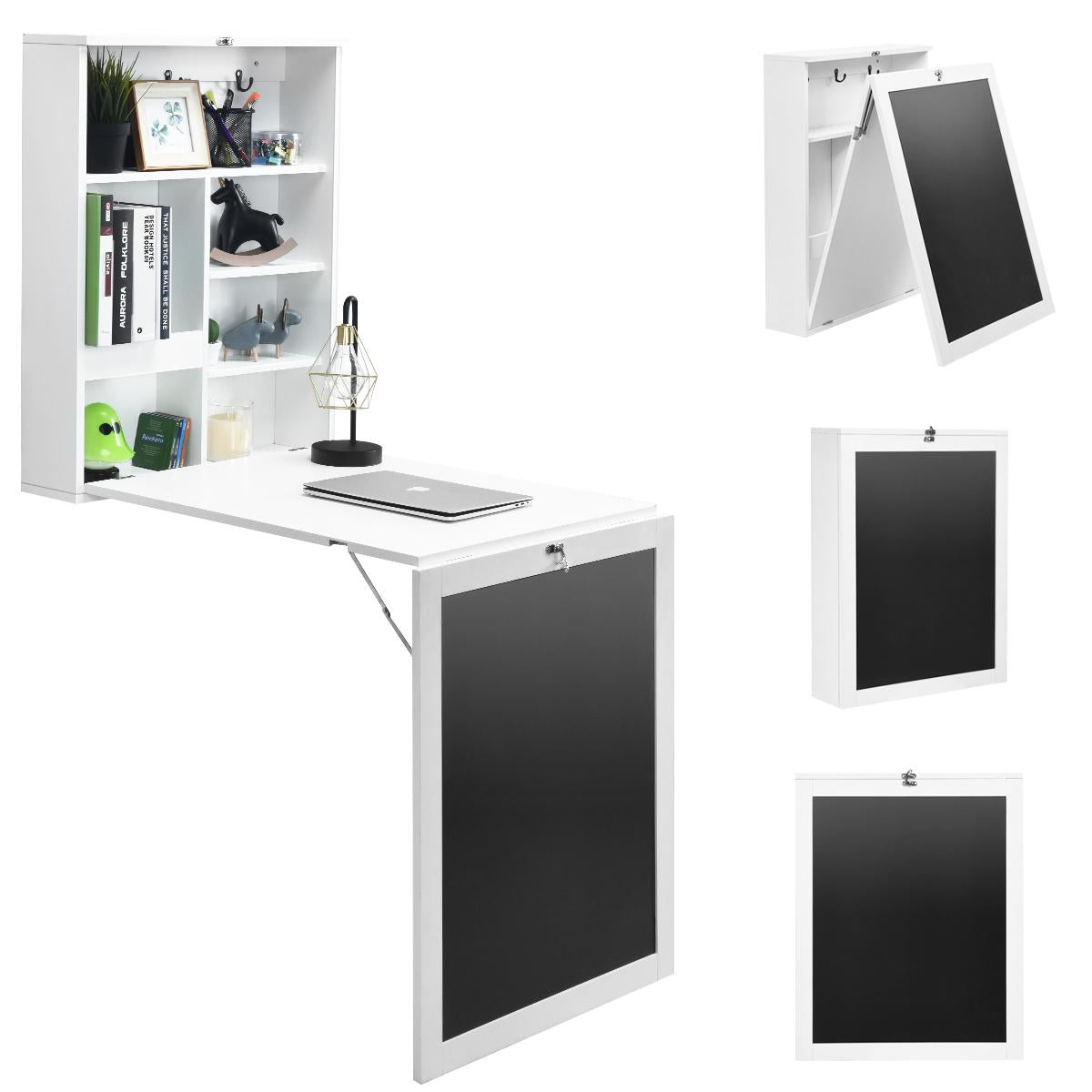 Giantex Folding Desk, Wall Mounted Fold Out Desk w/Storage Shelves & Hooks, Floating Corner Desk for Small Spaces, White