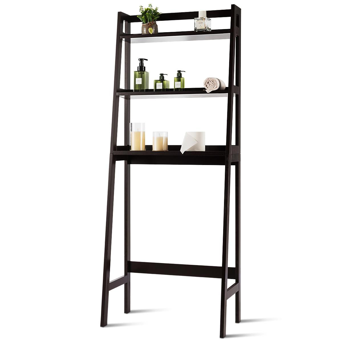 Giantex Over The Toilet Storage Rack, 3-Tier Freestanding Bathroom Organizer w/Wooden Frame, Space-Saving Toilet Shelf, Brown