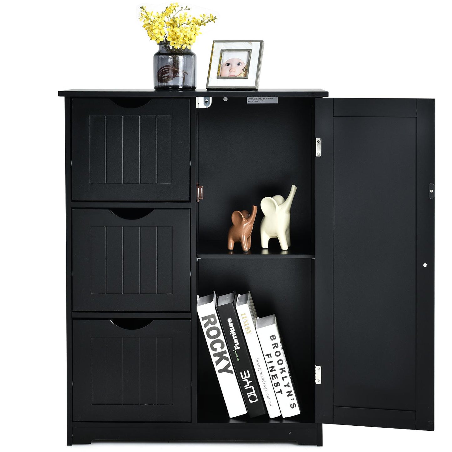 Giantex Floor Cabinet, Storage Cabinet w/3 Drawers & 1 Cupboard, Great for Bathroom, Living Room, Dining Room, Black