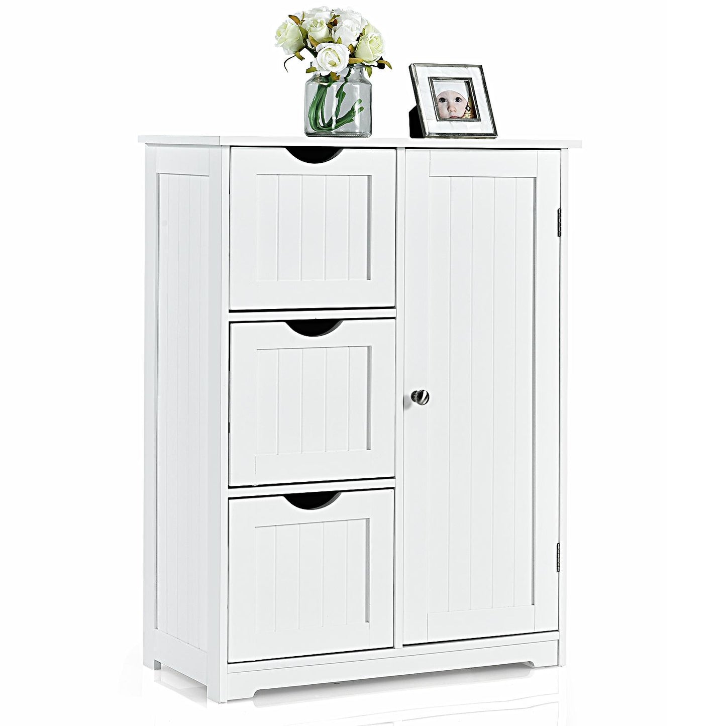 Giantex Floor Cabinet, Storage Cabinet w/3 Drawers & 1 Cupboard, Great for Bathroom, Living Room, Dining Room, White