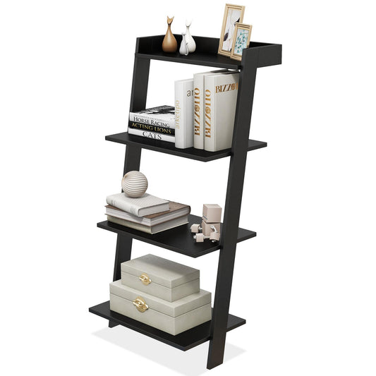 Giantex 4-Tier Ladder Shelf, Wooden Leaning Bookshelf Display Rack w/Anti-Tipping Device for Living Room, Balcony, Black