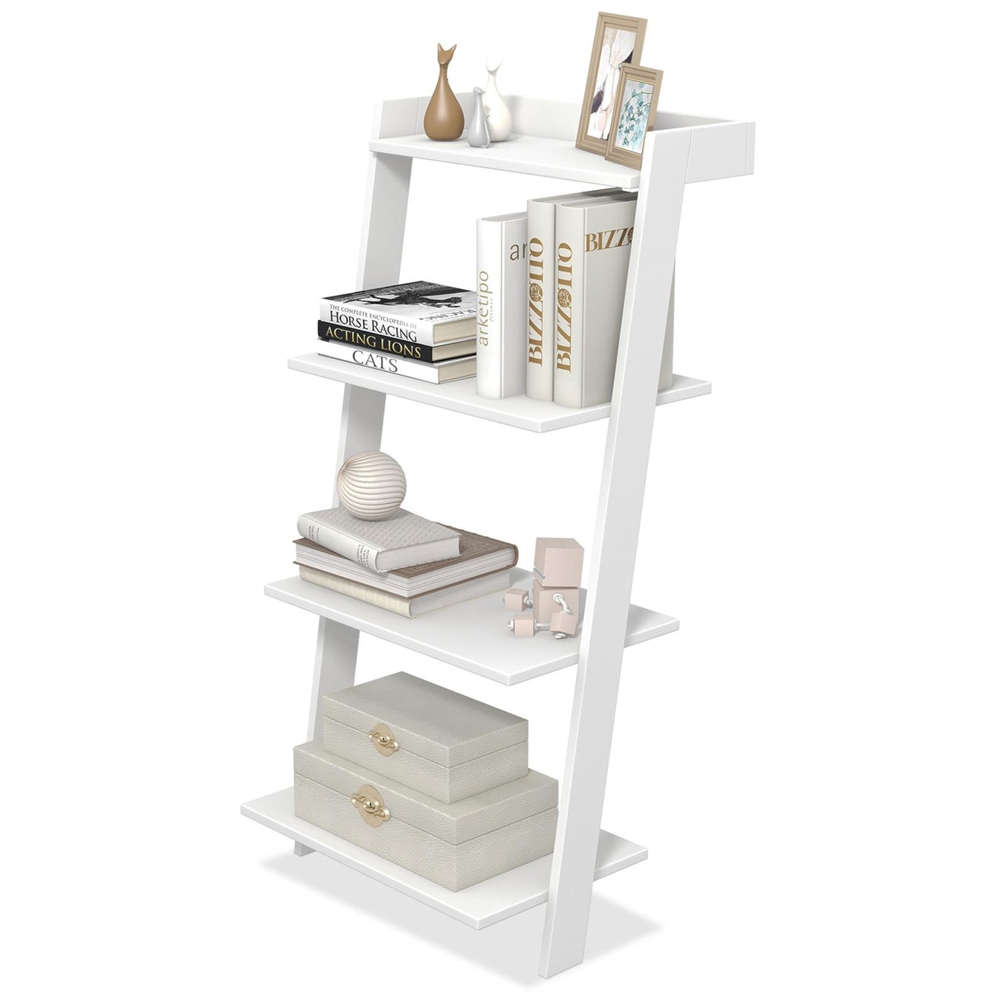 Giantex 4-Tier Ladder Shelf, Wooden Leaning Bookshelf Display Rack w/Anti-Tipping Device for Living Room, Balcony, White
