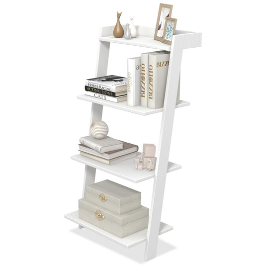 Giantex 4-Tier Ladder Shelf, Wooden Leaning Bookshelf Display Rack w/Anti-Tipping Device for Living Room, Balcony, White
